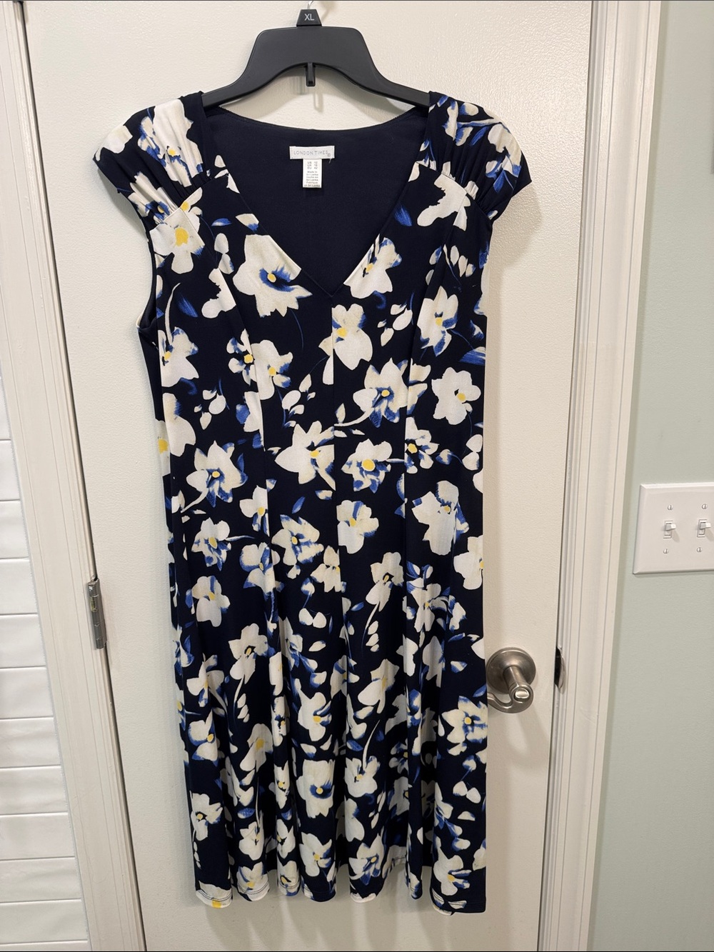 London Times Navy Floral V-Neck Midi Dress with White & Yellow Accents